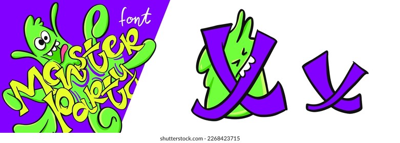 Letter X from the Monster party alphabet font. Large and small cartoon style letters set with cute monsters behind them for children, kindergarten, school, education, home party decor illustration