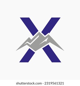 Letter X Mount Logo. Mountain Nature Landscape Logo Combine With Hill Icon and Template