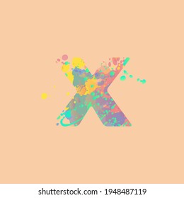 Letter X with multicolored mixed spots of pink, yellow, blue, turquoise paint on peach background. Design for banners, flyers, tags, decorations, poster or invitation.
