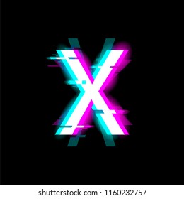 The letter X with neon and glitch effects. English alphabet. Vector.