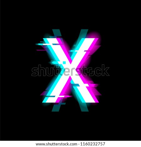 The letter X with neon and glitch effects. English alphabet. Vector.