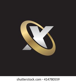 Letter X orbiting swoosh business logo gold silver black background