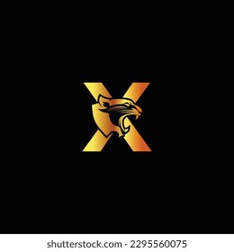 Letter X with panther head illustration in flat design monogram symbol.