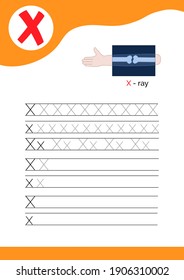 Letter X with a picture of X-ray and seven lines of letter X writing practice. Handwriting practice and alphabet learning. Vector illustration.