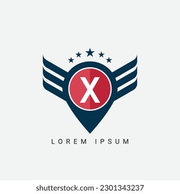 Letter X Pin initial shield with wings logo design