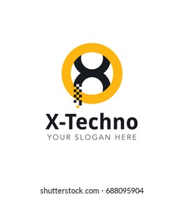 Letter X Pixel Logo Design Template With Yellow Circle Isolated on White Background. Vector Illustration