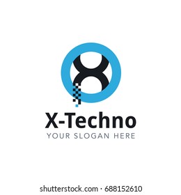 Letter X Pixel Logo Design Template With Blue Circle Isolated on White Background. Vector Illustration