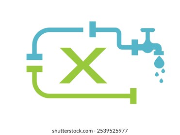 Letter X Plumber Logo Design Vector Template Concept With Pipe And Water Symbol
