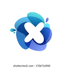 Letter X pure water logo. Swirling overlapping shape with splashing drops. Vector icon perfect for eco identity, marine posters and cleaning labels, etc.