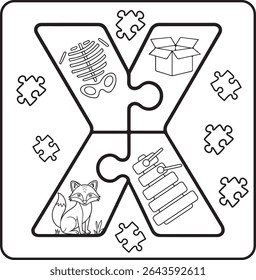 Letter X Puzzle Alphabet  with Objects kids coloring books for kids