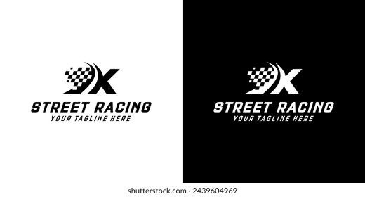 Letter X with Racing flag icon on black and white background, racing,automotive,road logo