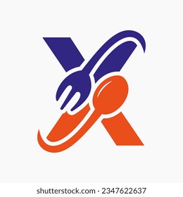 Letter X Restaurant Logo Combined with Fork and Spoon Icon