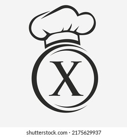 Letter X Restaurant Logo-Vorlage.  Logo-Konzept des Restaurants mit Chef-Hat-Symbol-Vektorsymbol