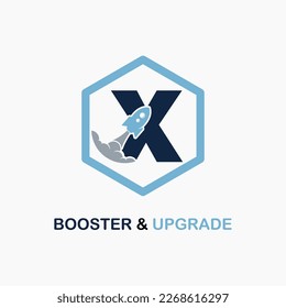 Carta X con icono de cohete para Booster, Actualización, Velocidad, Velocidad para Finanzas, Consultor de Negocios de Educación