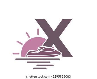 letter x with sea, sun and jet ski. creative vacation alphabet logotype. summer and exotic tourism design. isolated vector color image