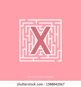 Letter X shape Maze Labyrinth, maze with one way to entrance and one way to exit. Flat design, vector illustration.