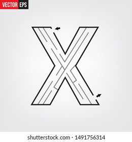 Letter X shape Maze Labyrinth, maze with one way to entrance and one way to exit. Flat design, vector illustration.