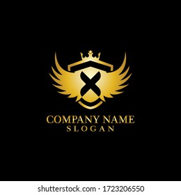 Letter X Shield, Wing and Crown gold in elegant style with black background for Business Logo Template Design, Emblem, Design concept, Creative Symbol, Icon