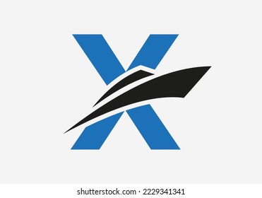 Letter X Shipping Logo Sailboat Symbol. Nautical Ship Sailing Boat Icon