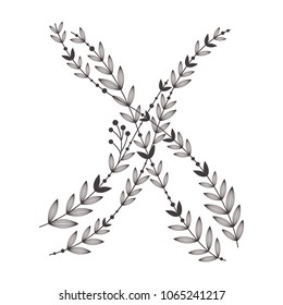 Letter X sign design template. A letter collected from branches with leaves. Black and white silhouette