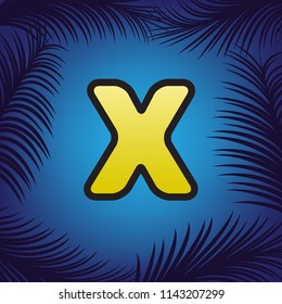 Letter X sign design template element. Vector. Golden icon with black contour at blue background with branches of palm trees.