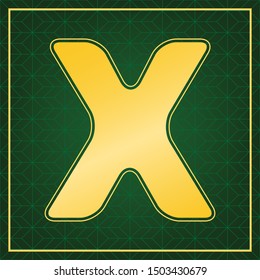 Letter X sign design template element. Golden icon with gold contour at dark green gridded background. Illustration.