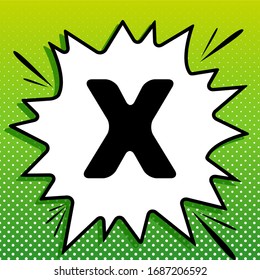 Letter X sign design template element. Black Icon on white popart Splash at green background with white spots. Illustration.