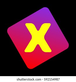 Letter X sign design template element. Vector. Yellow icon at violet-red gradient square with rounded corners rotated for dynamics on black background.