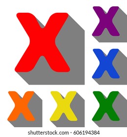 Letter X sign design template element. Set of red, orange, yellow, green, blue and violet icons at white background with flat shadow.