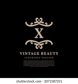 carta X simple cresta de lujo diseño de logotipo vintage vintage para el cuidado de la belleza, medios de vida y marca de moda