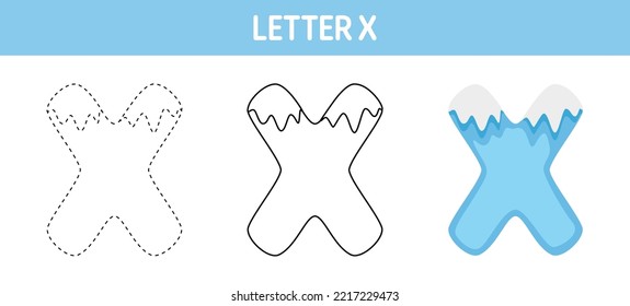 Letter X Snow tracing and coloring worksheet for kids