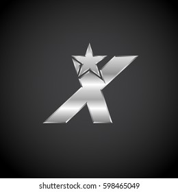 Letter X Star with metallic texture,3d Glossy, metal texture, Silver, steel logotype
