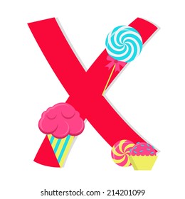 Letter "x" from stylized alphabet with candies. Letter "x" from stylized alphabet with candies: lollipop, ice cream, peppermint candy, sweets. White background.