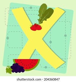 Letter "x" from stylized alphabet with fruits and vegetables: arugula, watermelon, strawberry, grape