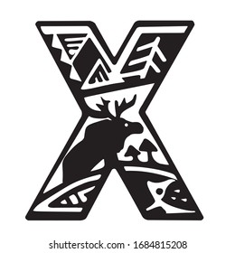 Letter X. Stylized: moose, hedgehog, mushrooms, spruce, patterns inside the letter. Black and white vector illustration. Isolated on a white background.