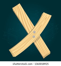 Letter X - stylized vector font made from wooden planks hammered with iron nails.