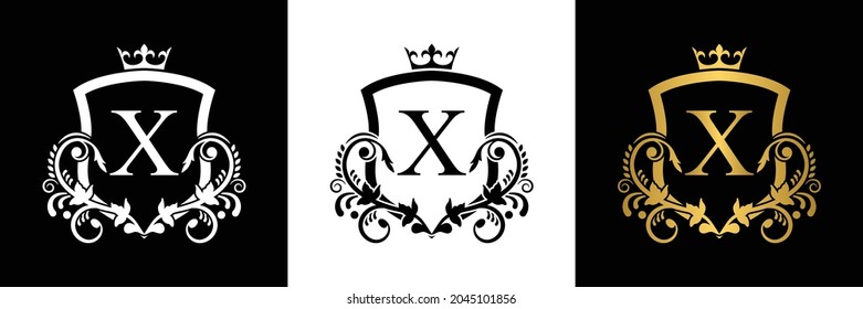 Letter X template logo shield letter with crown. alphabet . Beautiful royal initials letter.
