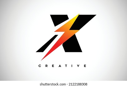Letter X Thunderbolt Logo Concept with Black Letter and Orange Yellow Thunder. X Lighting bolt thunder bolt Lighting Strike Creative Letter Vector.