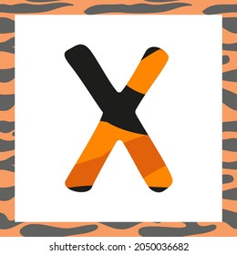 Letter X with tiger pattern. Festive font and frame from orange with black stripes alphabet, symbol for New Year and Christmas