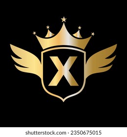 Letter X Transportation Logo With Wing, Shield And Crown Icon. Wing Logo On Shield Symbol