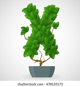Letter X. Tree in the pot. Vector alphabet letters made from green leaves.