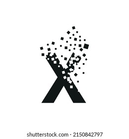 The letter X turns into a cloud of squares of different sizes.