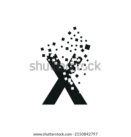 The letter X turns into a cloud of squares of different sizes.