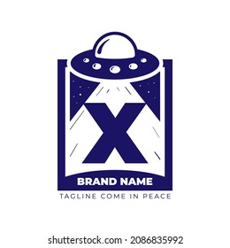 letter X UFO illustration for tee shirt and initial vector logo design