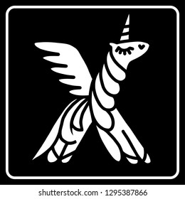 Letter "X" unicorn.  Unicorn alphabet.