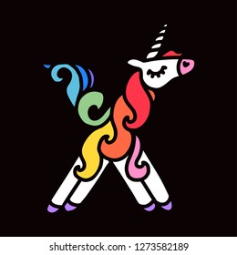 Letter "X" unicorn. Written by unicorns. Unicorn style letter. Fairytale font. Multicolored mane. Trend print on a T-shirt. Logo isolated on a black background. Metal pin. Unicorn alphabet.