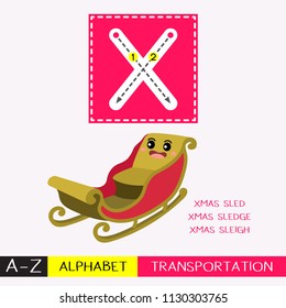 Letter X uppercase children colorful transportations ABC alphabet tracing flashcard for kids learning English vocabulary and handwriting Vector Illustration.