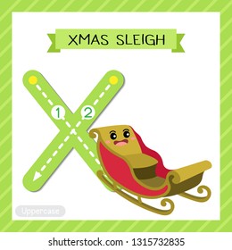 Letter X uppercase cute children colorful transportations ABC alphabet tracing flashcard of Xmas Sleigh for kids learning English vocabulary and handwriting Vector Illustration.