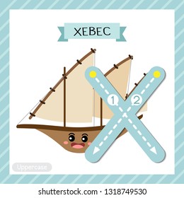 Letter X uppercase cute children colorful transportations ABC alphabet tracing flashcard of Xebec for kids learning English vocabulary and handwriting Vector Illustration.