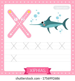 Letter X uppercase cute children colorful zoo and animals ABC alphabet tracing practice worksheet of Xiphias (Swordfish) for kids learning English vocabulary and handwriting vector illustration.